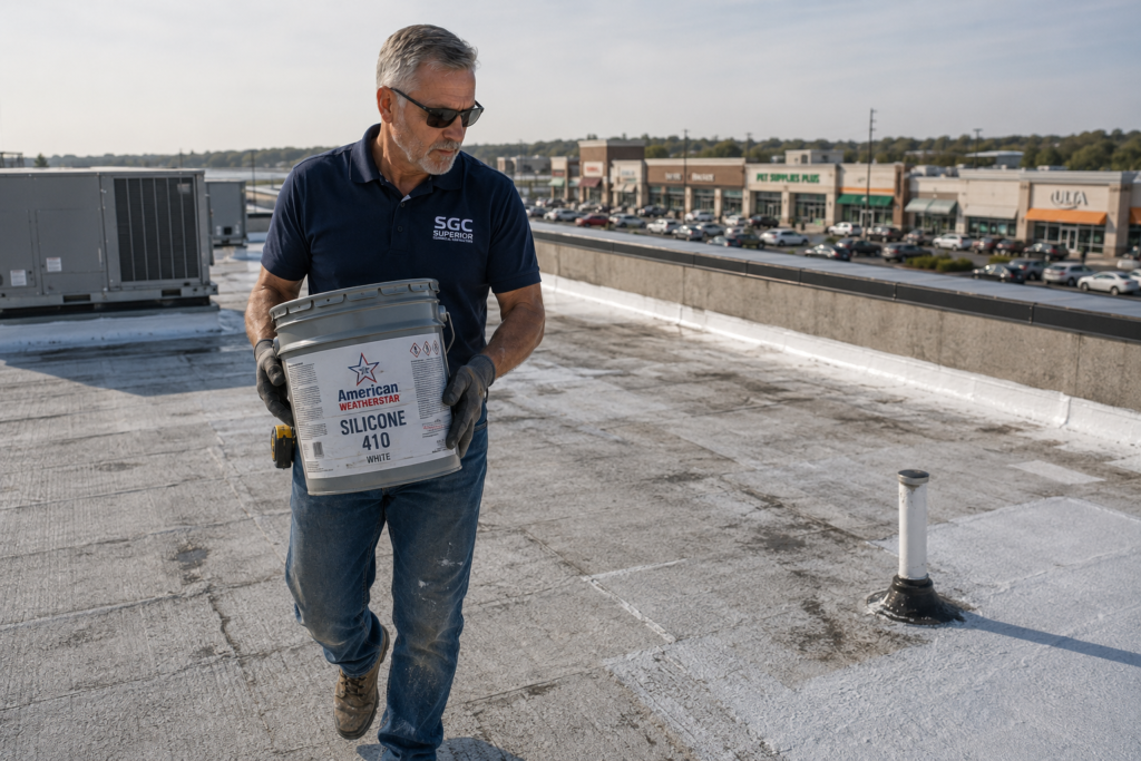 SGC commercial roofing professional with silicone roof coating on a retail property