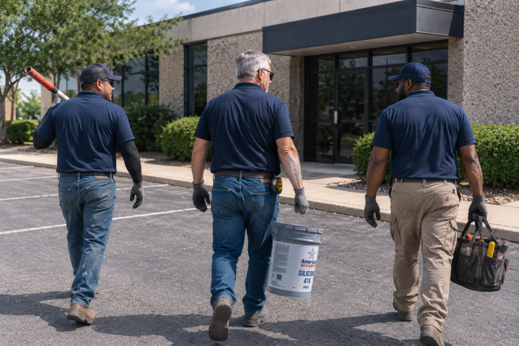 SGC commercial roofing crew arriving for roof maintenance at an Arkansas commercial property