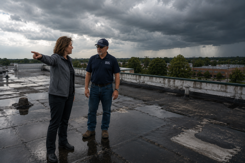 SGC commercial roofing contractor assessing storm damage with a property manager in Arkansas