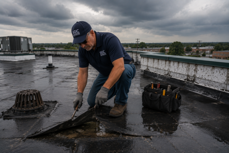SGC commercial roofing professional investigating water damage on a flat roof