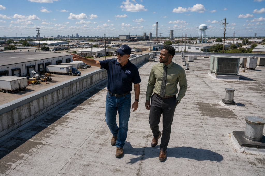SGC commercial roofing contractor reviewing an industrial flat roof with a facility manager in Arkansas