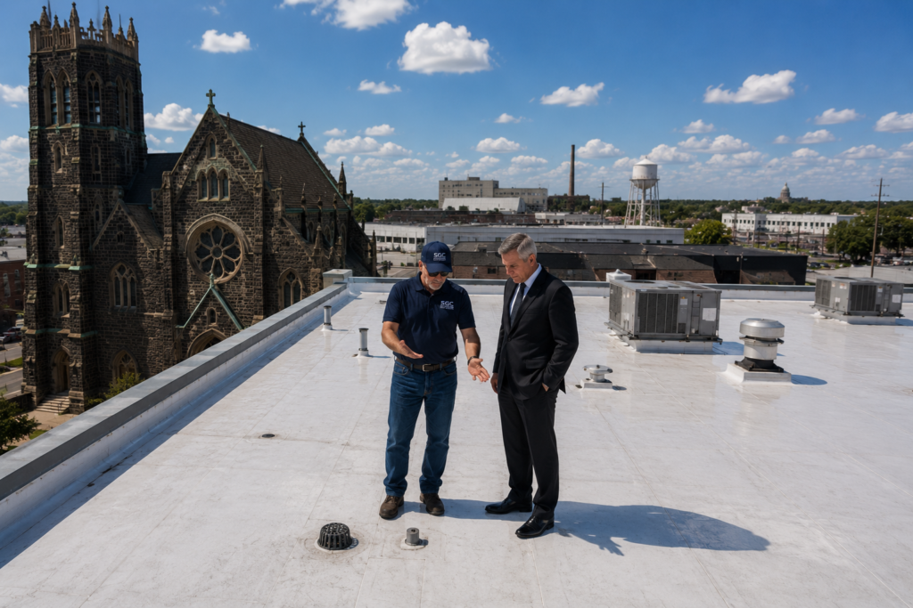 SGC commercial roofing contractor evaluating a church roof with church leadership in Arkansas