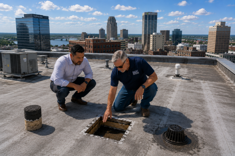 SGC commercial roofing professional inspecting an existing flat roof with a property representative