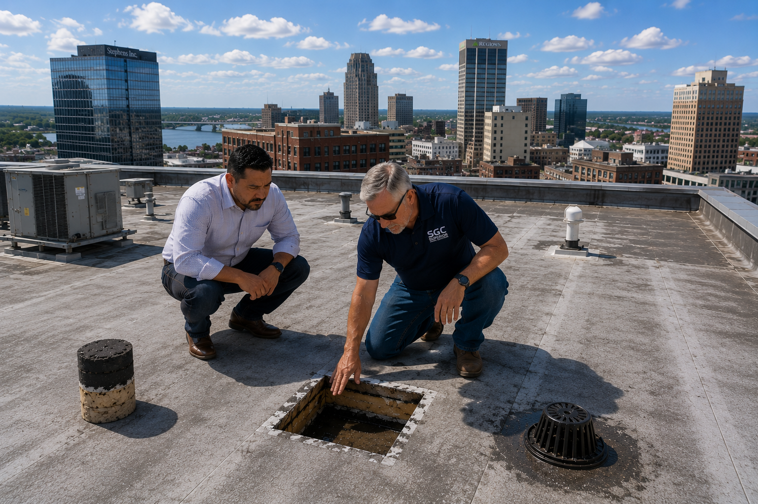 SGC commercial roofing professional inspecting an existing flat roof with a property representative