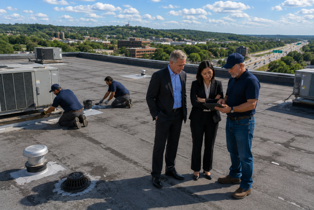 SGC commercial roofing contractor reviewing roof repairs with property owners in Arkansas