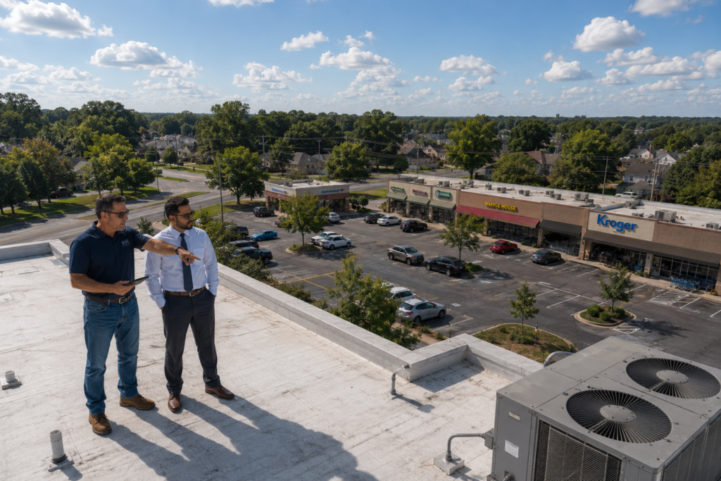 SGC commercial roofing contractor reviewing a retail shopping center roof with a property manager in Arkansas