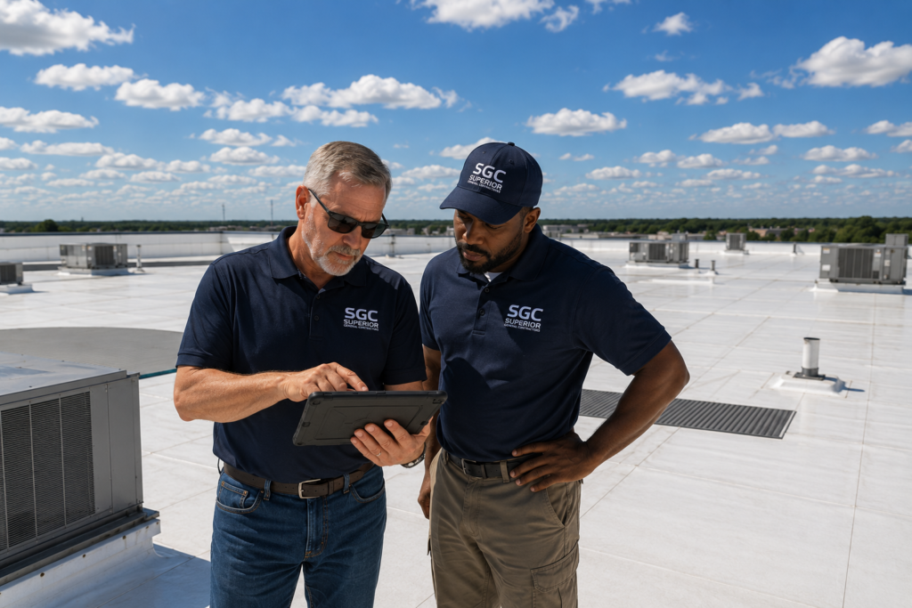 Commercial roof inspection by Superior General Contractors roofing professionals