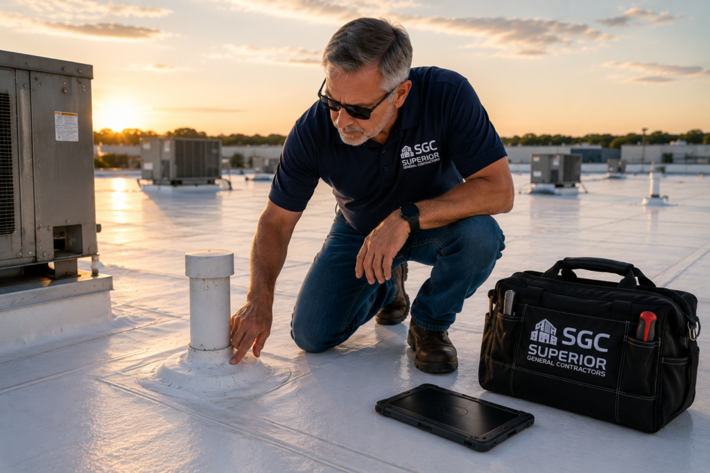 Commercial roof inspector examining a roof penetration for potential leaks