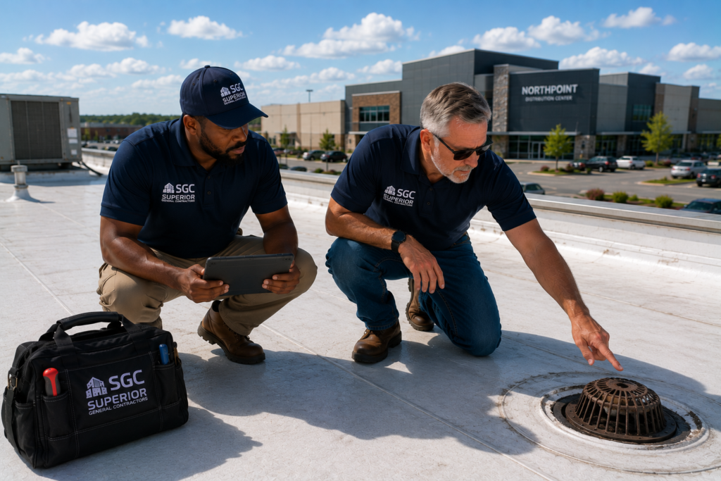 Commercial roofing professionals inspecting a roof drain on a low-slope roof