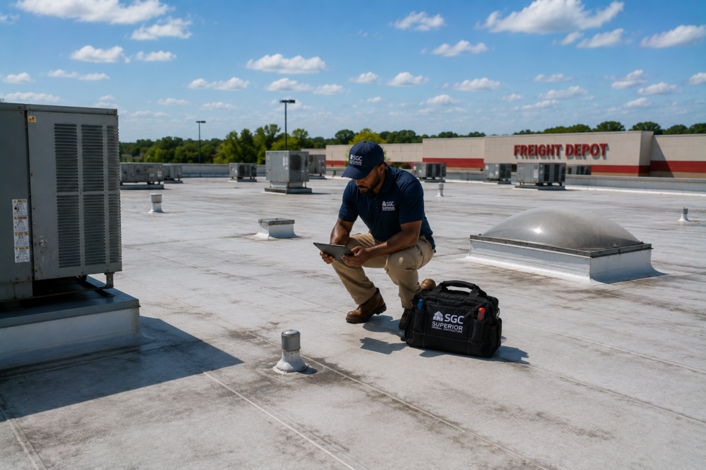 Commercial roof inspector evaluating a retail center flat roof