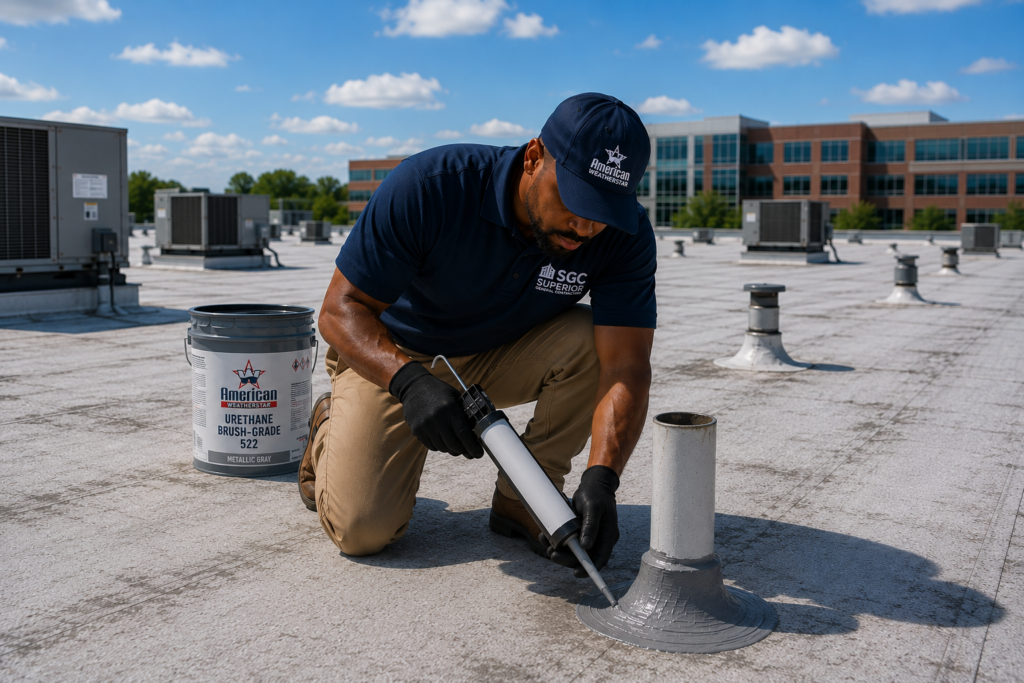 Commercial roofing technician sealing a roof penetration on a flat roof