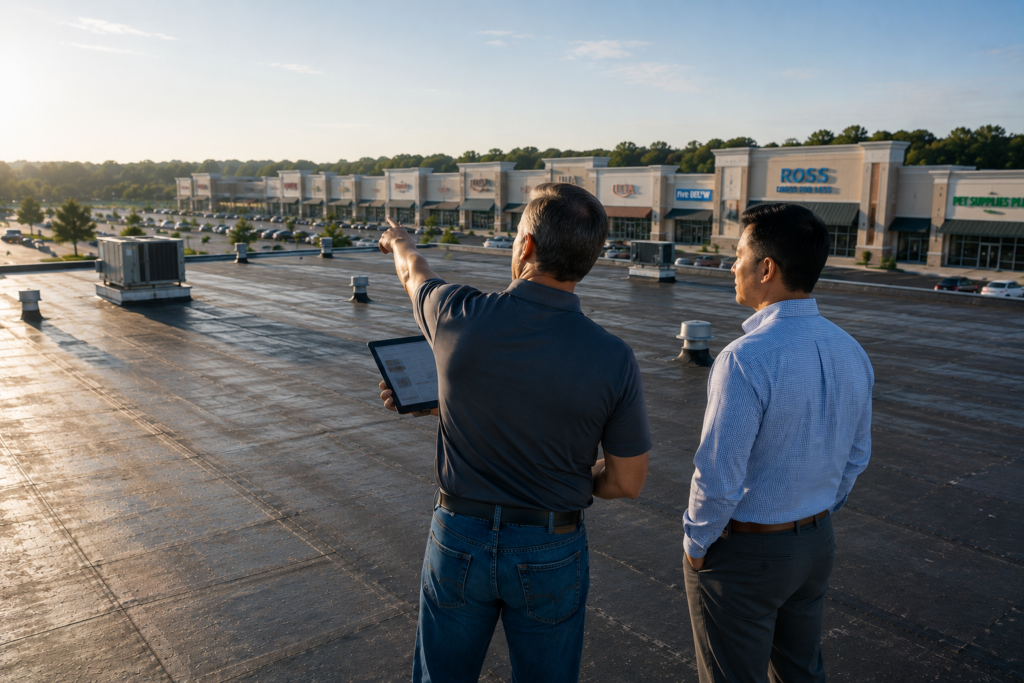 Commercial roof inspection with property owner at a shopping center