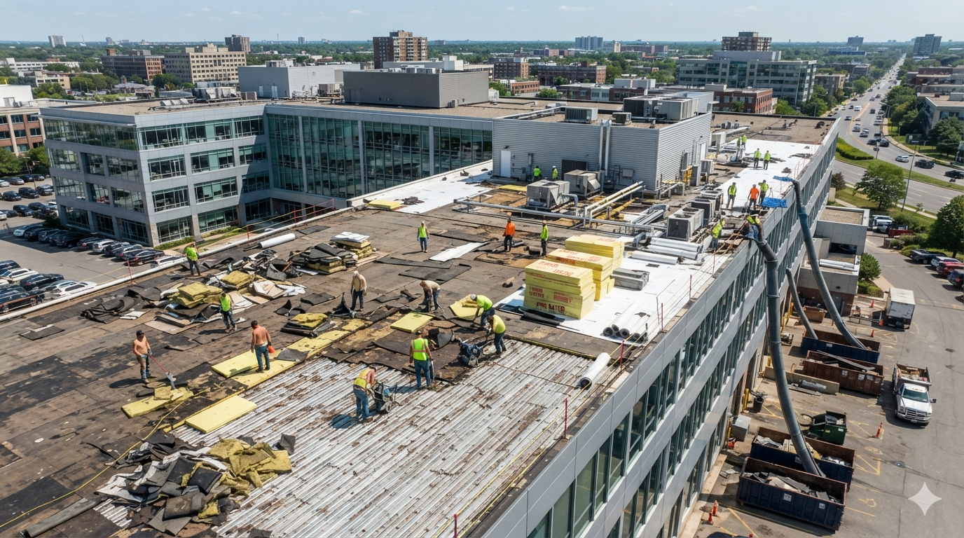 Commercial flat roof replacement and tear-off on a large commercial building