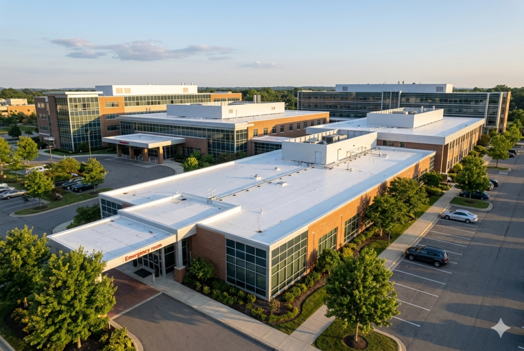 Commercial roofing systems on a large healthcare facility