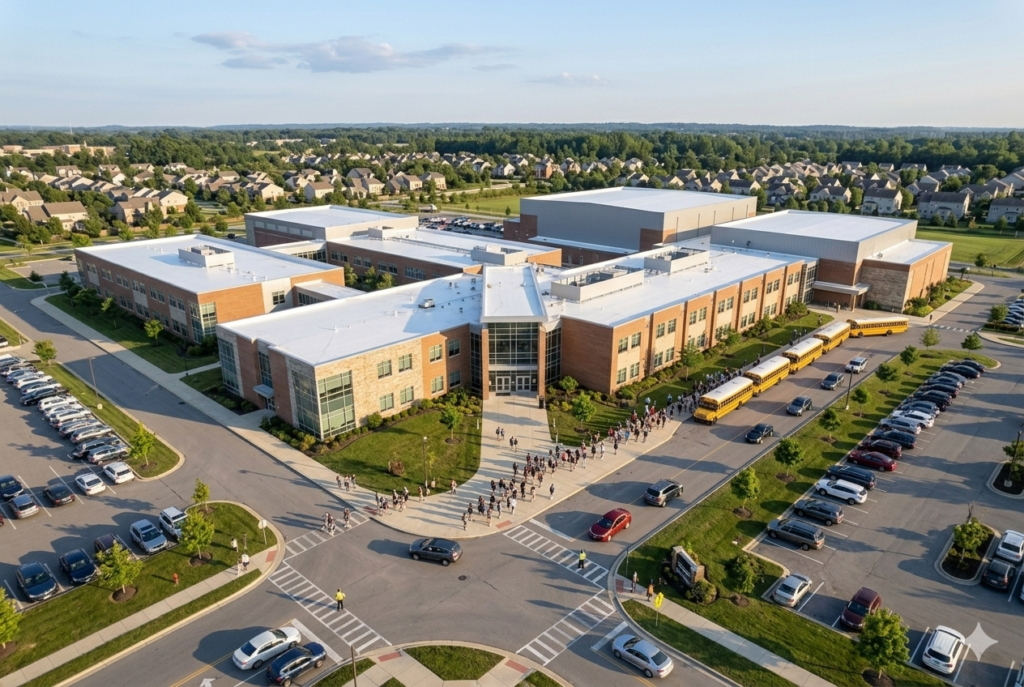 Commercial roofing systems on a large school and educational facility