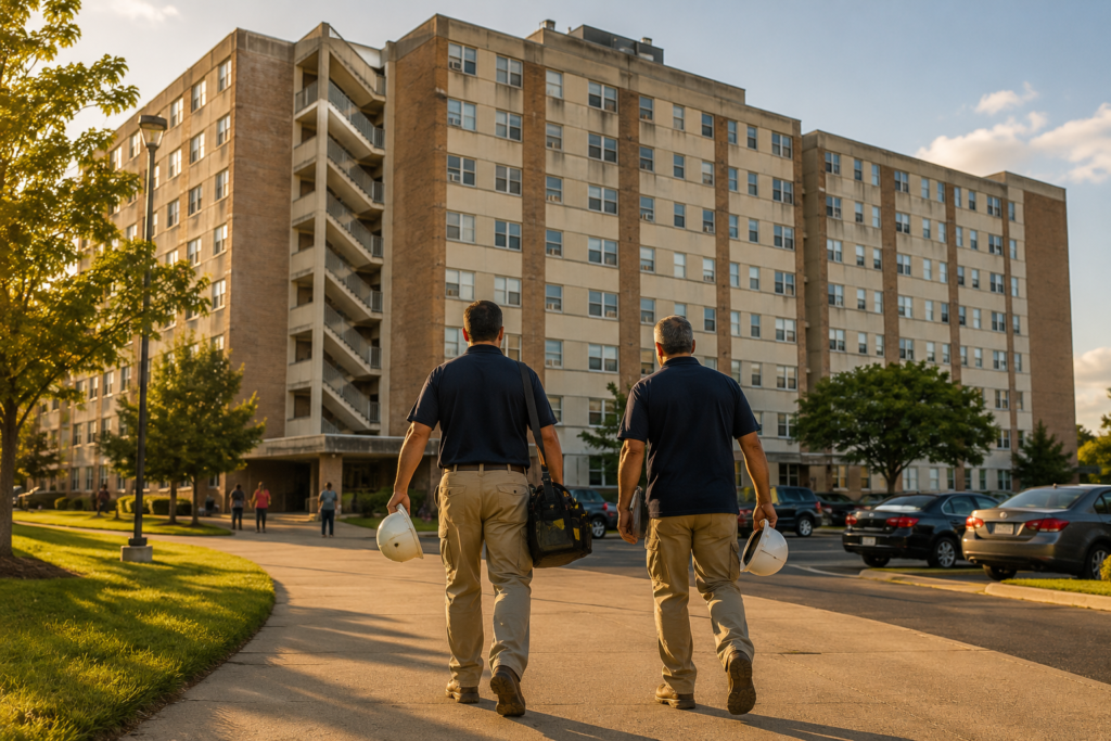 Commercial roofing professionals arriving at a multifamily apartment building