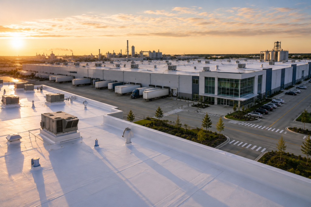Industrial and manufacturing commercial roofing in Arkansas protecting a large production and warehouse facility