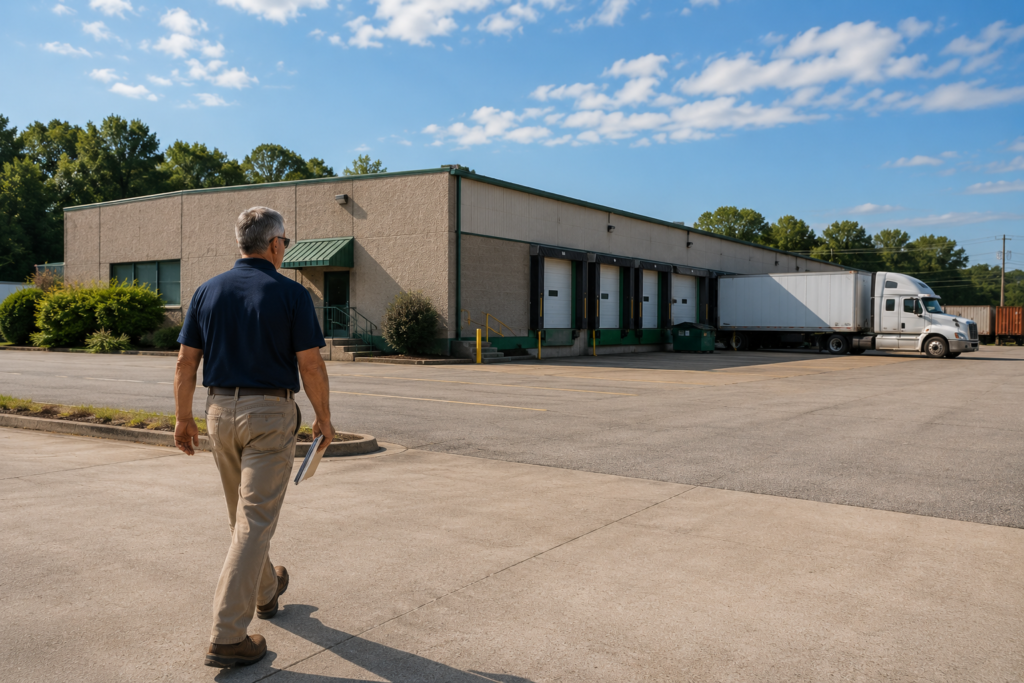 SGC commercial roofing representative approaching a warehouse and distribution facility in Arkansas