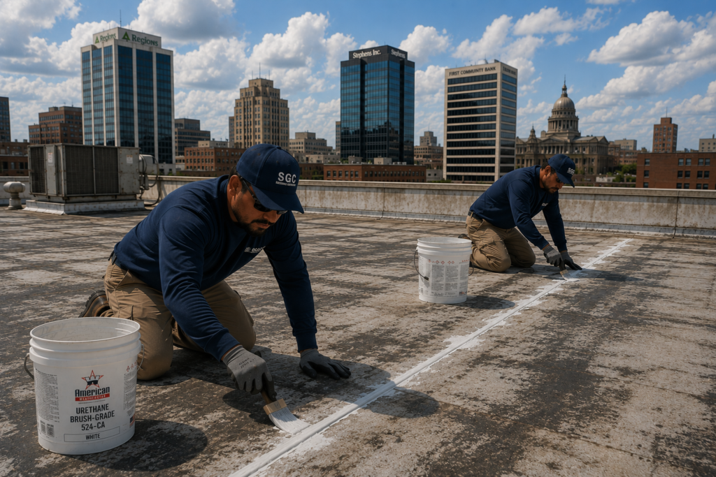 SGC commercial roofing crew repairing a low-slope office building roof in Arkansas