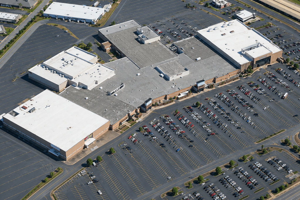 Large retail shopping center with extensive commercial low-slope roofing in Arkansas