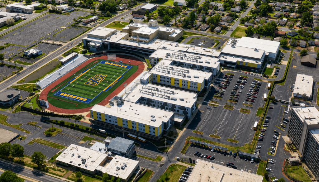 Large educational campus with extensive commercial low-slope roofing in Arkansas