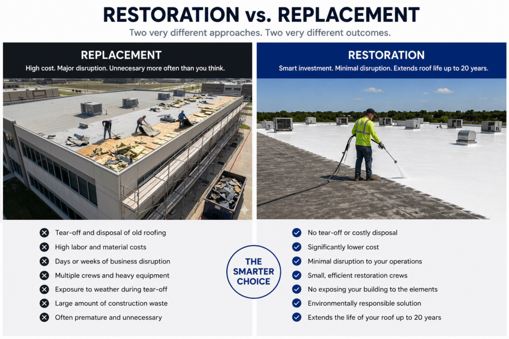 Commercial roof restoration compared with complete roof replacement showing lower cost and less disruption