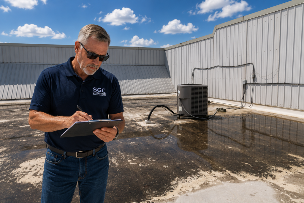 SGC commercial roofing professional documenting ponding water and existing roof conditions during a roof evaluation