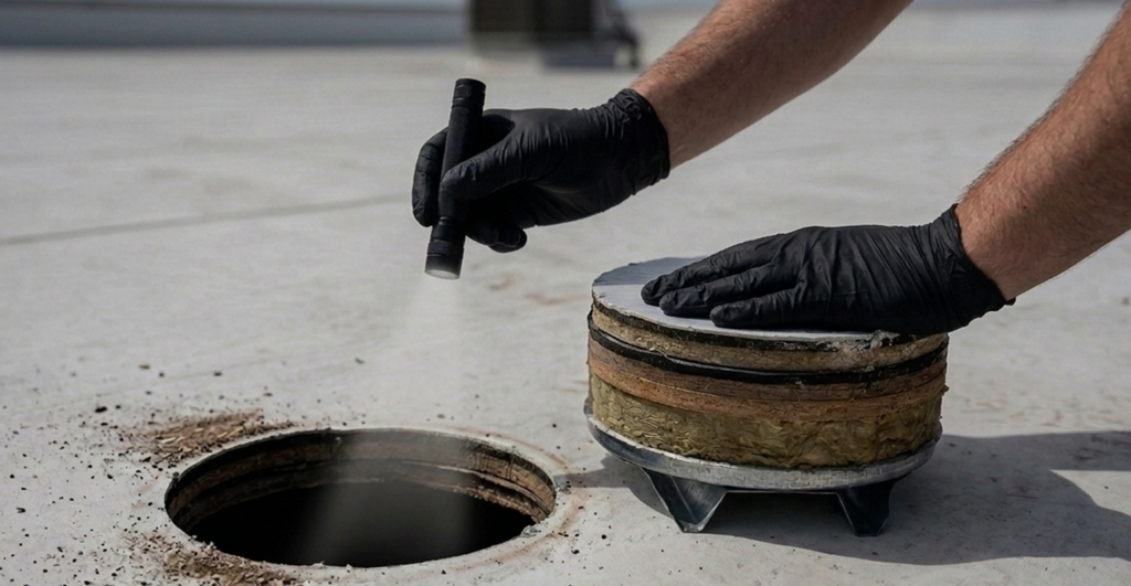 Commercial roofing contractor inspecting a roof core sample to evaluate existing roofing and insulation