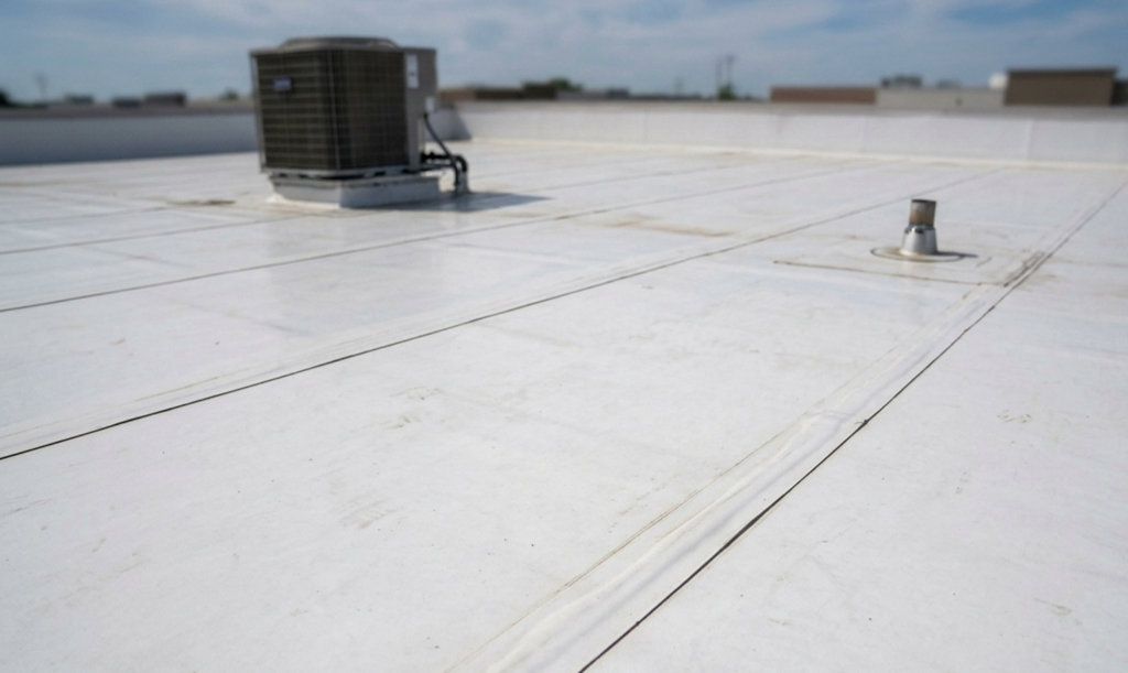 Existing white TPO commercial roofing system with membrane seams, rooftop HVAC equipment, and roof penetrations