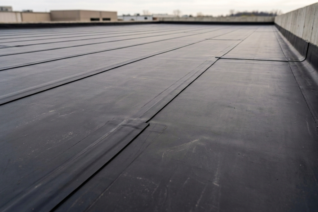Black EPDM commercial roofing system showing membrane sheets, seams, and perimeter flashing