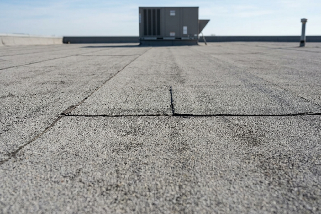 Aged modified bitumen commercial roof showing granulated membrane surface and visible seams