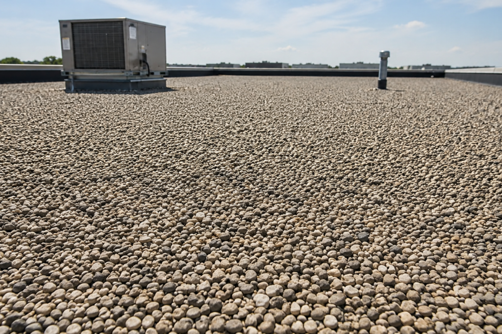 Commercial built-up roofing system with gravel surface and rooftop HVAC equipment