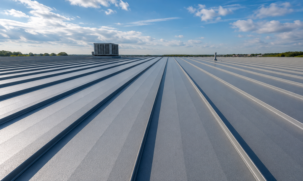 Commercial standing seam metal roof with raised seams and rooftop HVAC equipment
