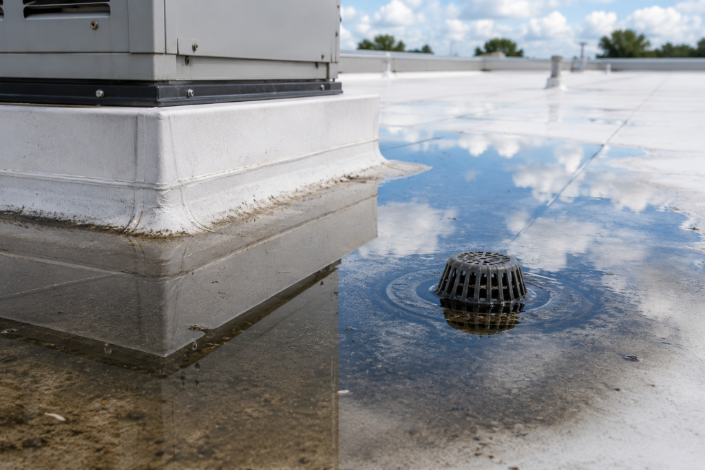 Ponding water around a roof drain and HVAC curb on a commercial flat roof