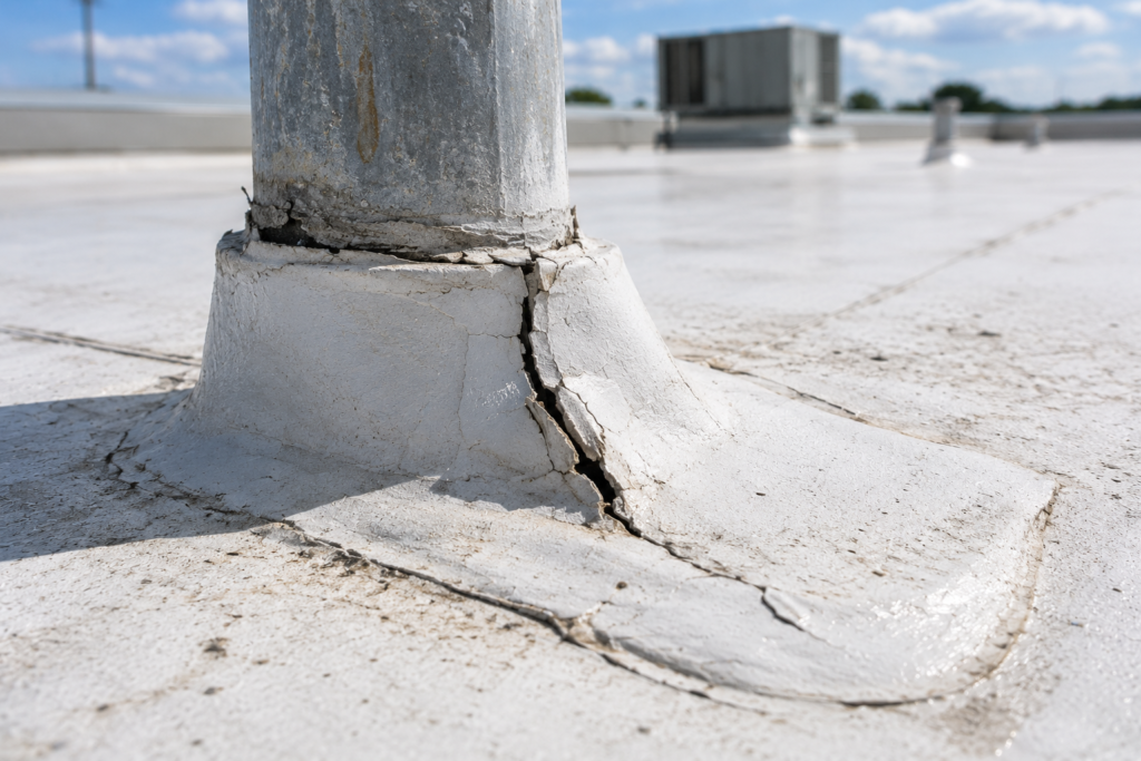 Cracked and deteriorated flashing around a metal roof penetration on a commercial flat roof
