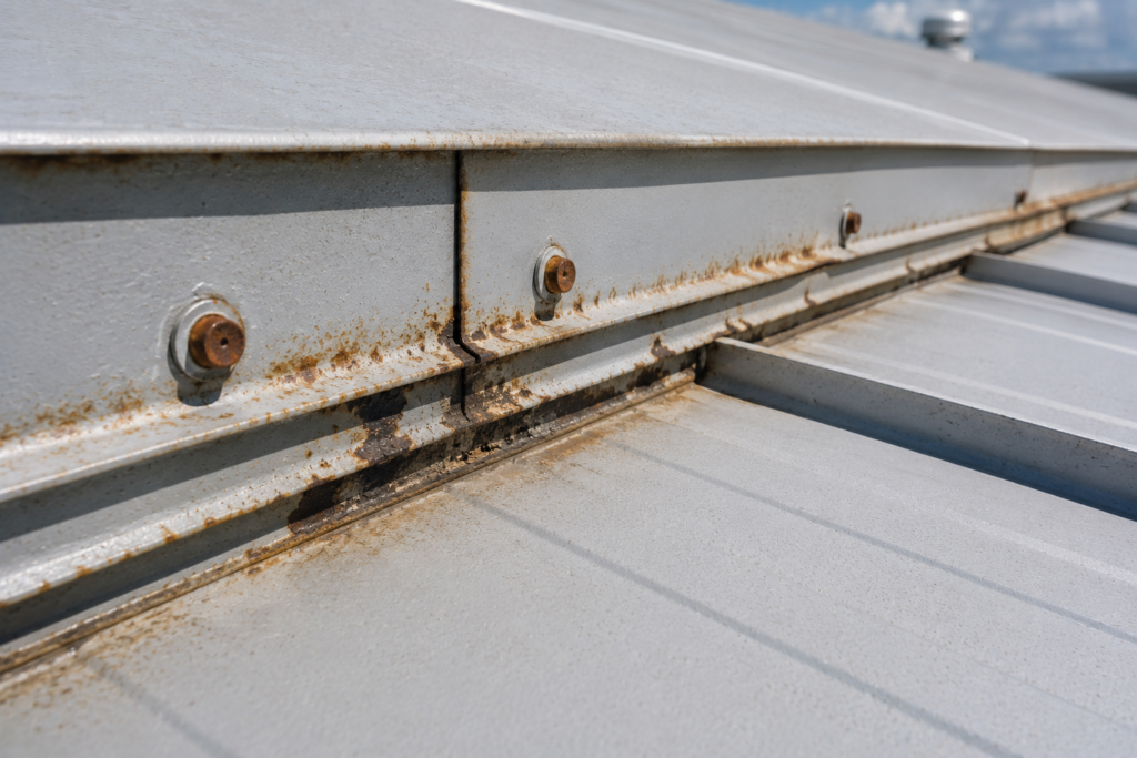 Rust and corrosion developing around fasteners and seams on a commercial metal roof