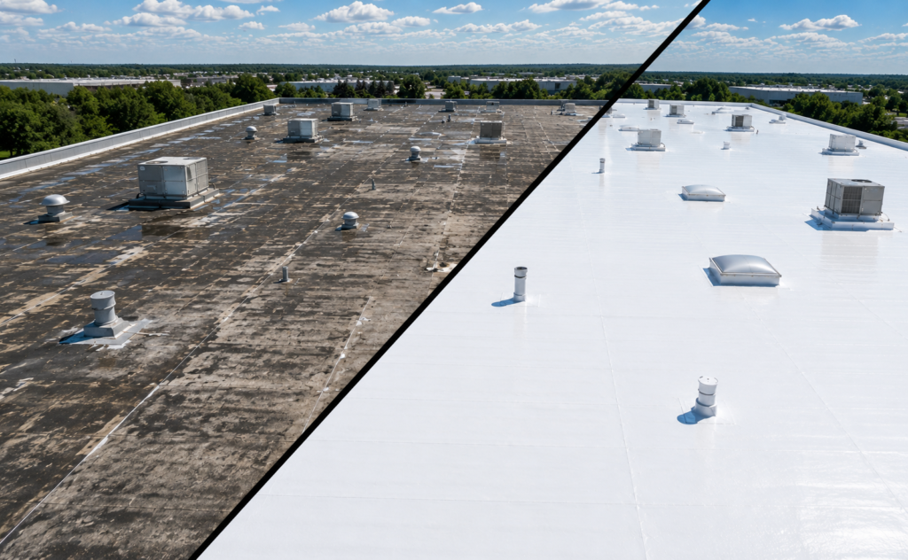 Commercial roof restoration in Arkansas showing a deteriorated flat roof before and after restoration