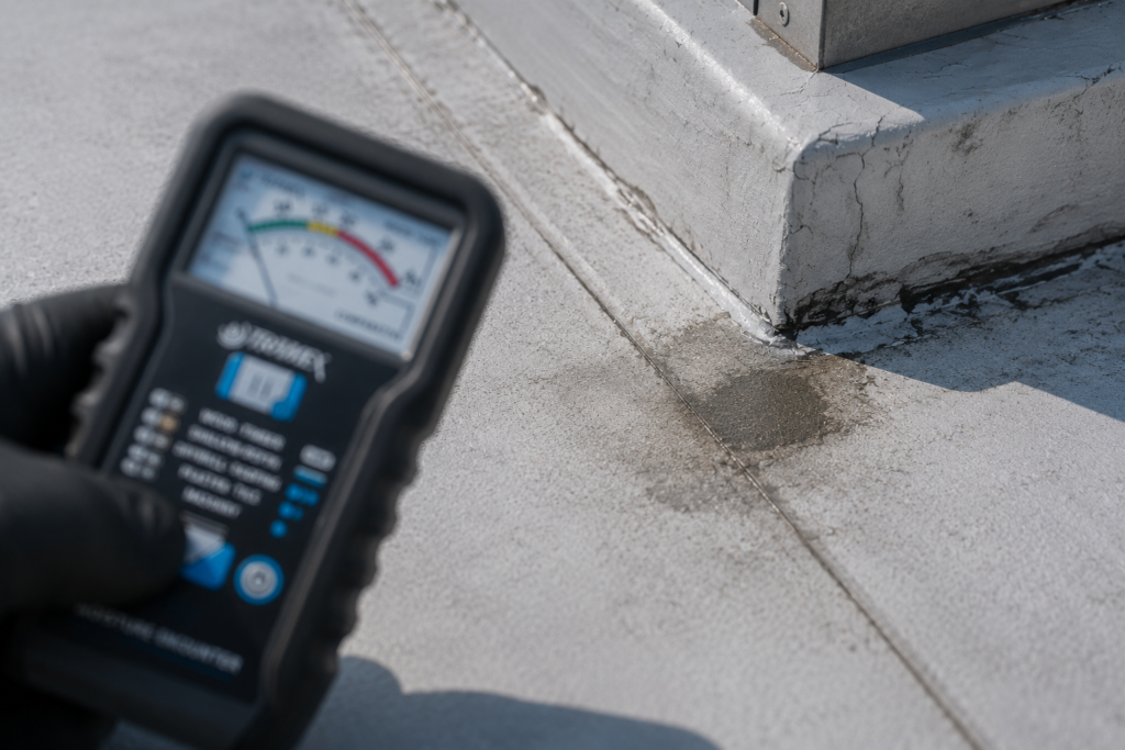 Commercial roof preventive maintenance inspection in Arkansas checking moisture near rooftop equipment