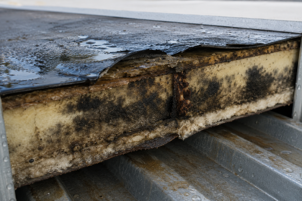 Commercial roof inspection in Arkansas revealing trapped moisture and deteriorated roofing insulation beneath the membrane