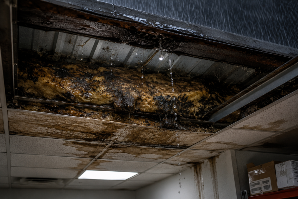 Commercial roof leak in Arkansas causing water intrusion and damage above an interior ceiling