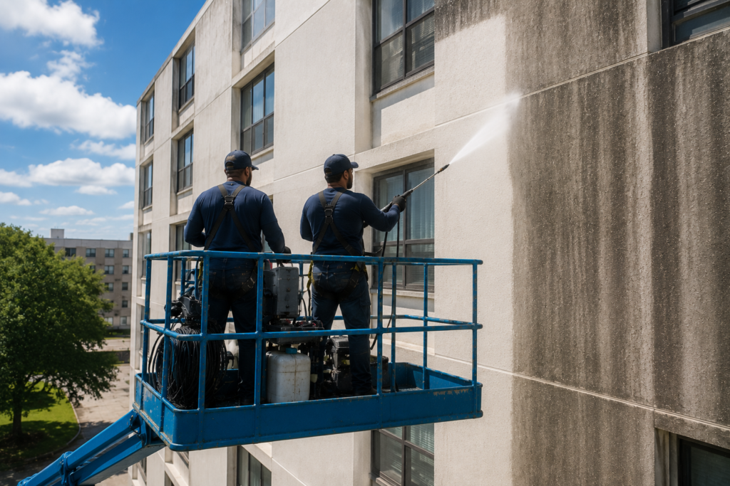 Commercial building washing in Arkansas removing dirt and staining from an exterior building facade