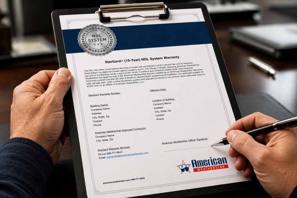 American WeatherStar StarGard NDL commercial roof warranty available through Superior General Contractors in Arkansas